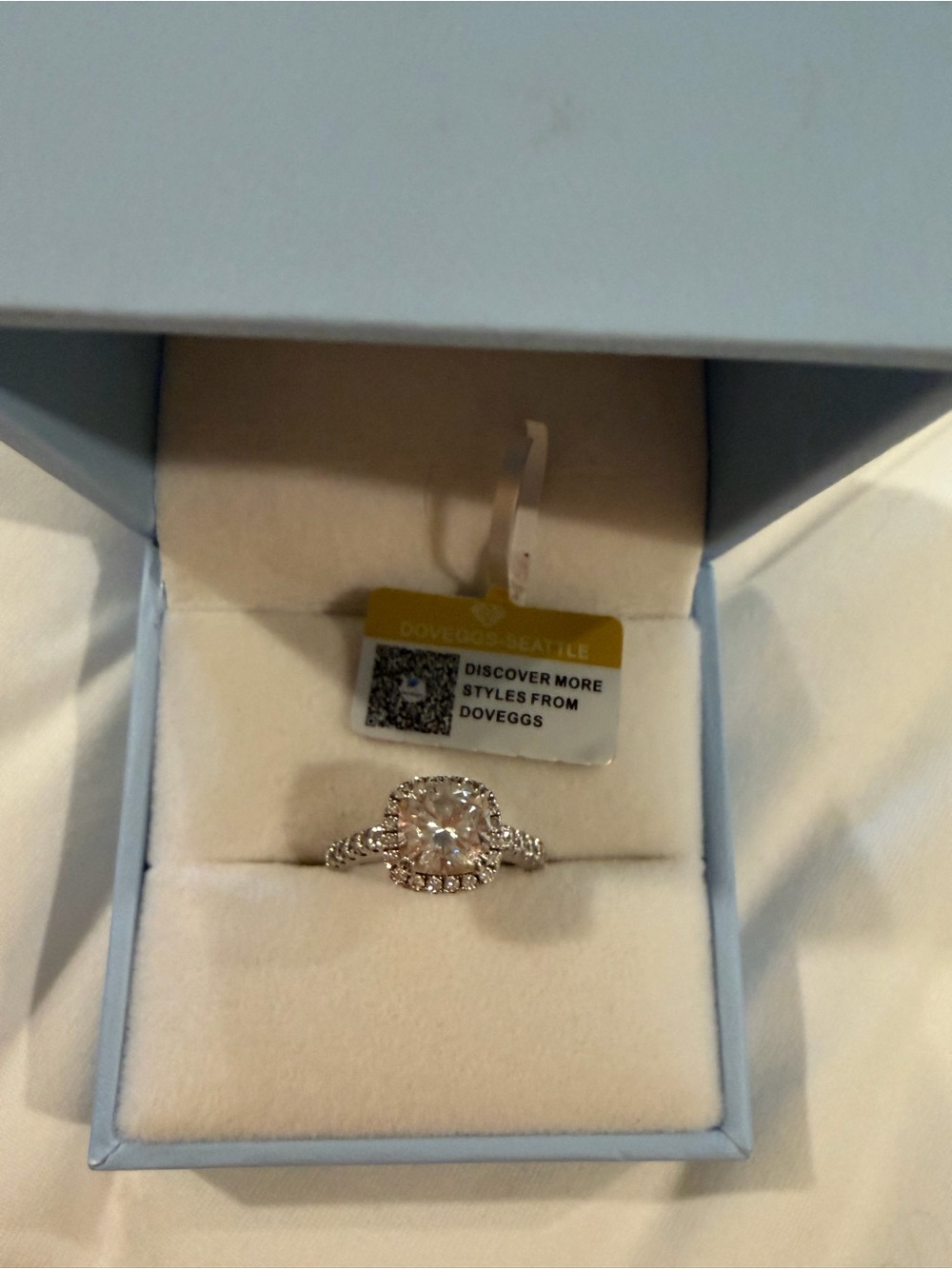 DovEggs Cushion Cut Moissanite Halo Engagement Ring Size 5.5